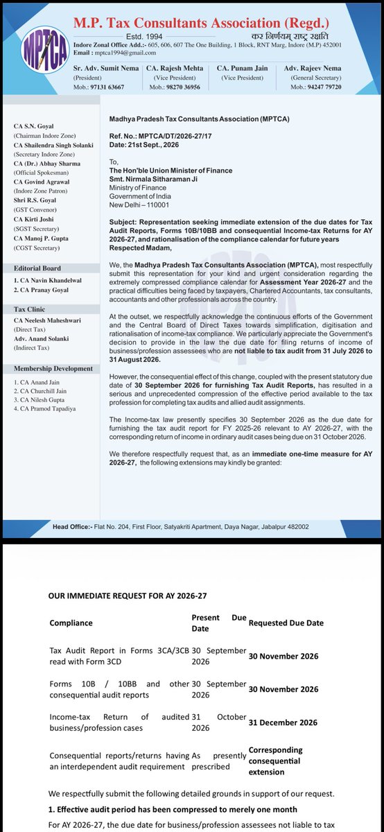 rambajajgst's tweet photo. Retweet For Support and Reach 

Madhya Pradesh Tax Consultants Association (MPTCA) Represented @IncomeTaxIndia For Fax Audit Due Date Extension 

Ram Bajaj
8696424223

For Regular GST Updates, Join this Group
https://t.co/SmMxCrTcJG https://t.co/tX3MAEBCxq