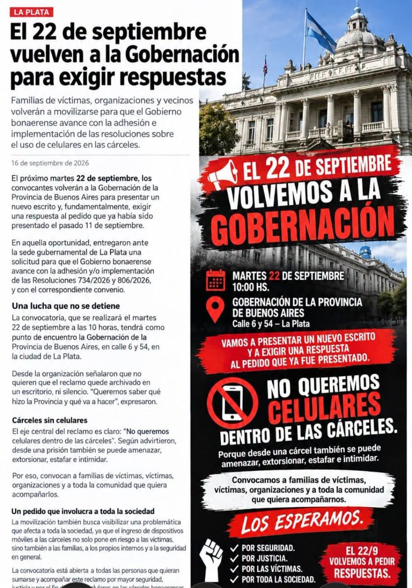 UsinadeJusticia's tweet photo. No nos rendimos: este martes 22 de septiembre volveremos a exigir la prohibición de celulares en las cárceles bonaerenses. 
Acompañanos con tu difusión🙌 https://t.co/ruXi2rzAFd