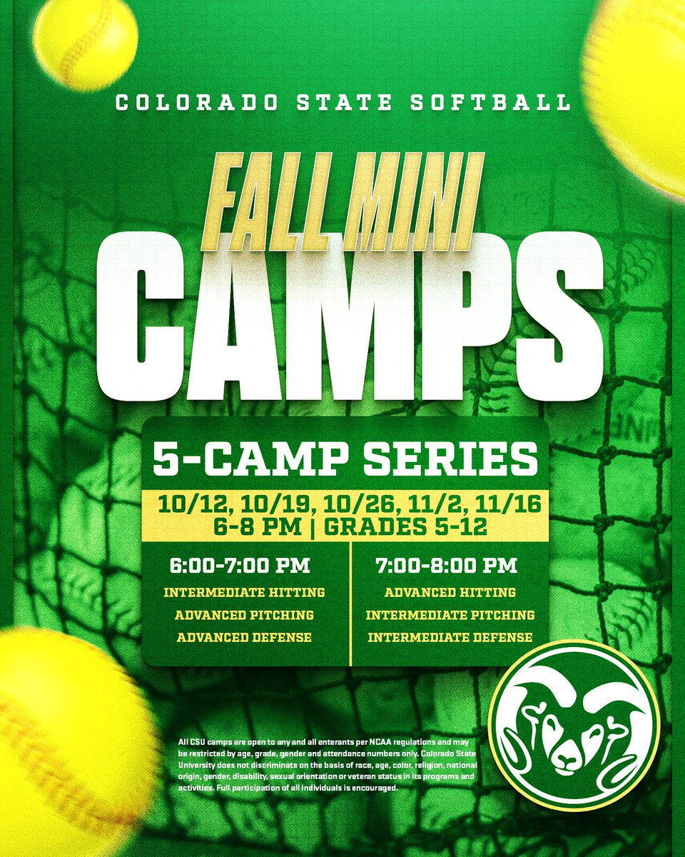 CSUSoftball's tweet photo. Join us for our 𝐅𝐚𝐥𝐥 𝐌𝐢𝐧𝐢 𝐂𝐚𝐦𝐩𝐬 🐏🥎

We will be hosting five dates for our Fall Camps, from Oct. 10 through Nov. 16!

Learn more and register today at https://t.co/hvfEqq6FdV

#Relentless x #CSURams https://t.co/Rti4Up3kUo