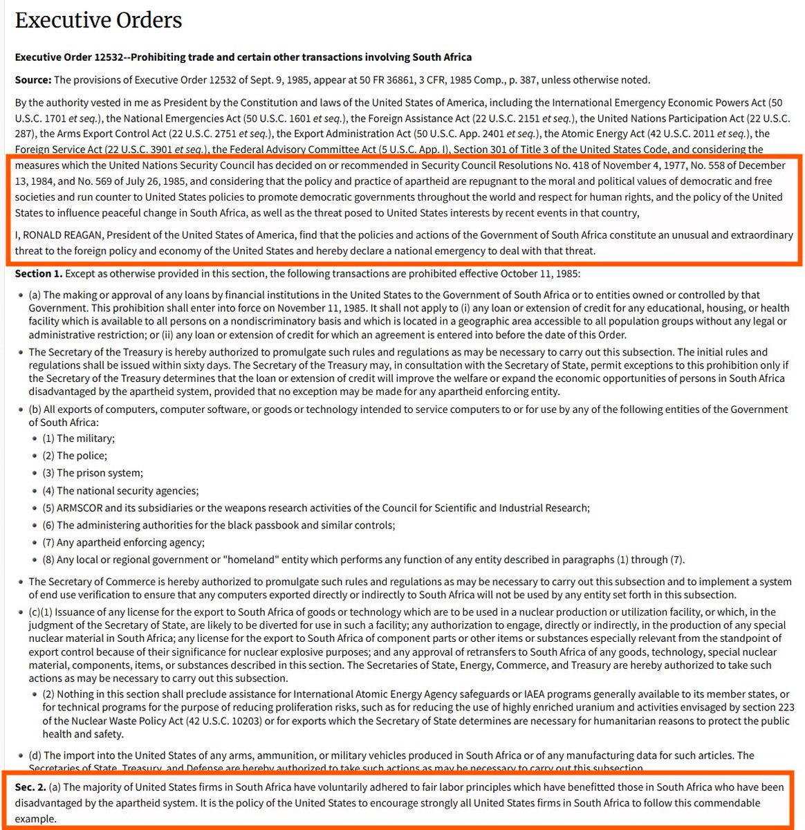 InfilExfil's tweet photo. These weren't the actions of @POTUS and @SecRubio 
They were the actions of the Executive Order Reagan signed. When the USA helped end Apartheid and brought the ANC into power.

From the USA's Office of the Federal Register, National Archives: The provisions of Executive Order 12532 of Sept. 9, 1985

Now, 30-odd years later, when the USA is again requesting the end of racial legislation that the ANC snuck in while pretending to be a poster boy for humanity, we're asked to believe that the USA is an enemy?

Same old same old.