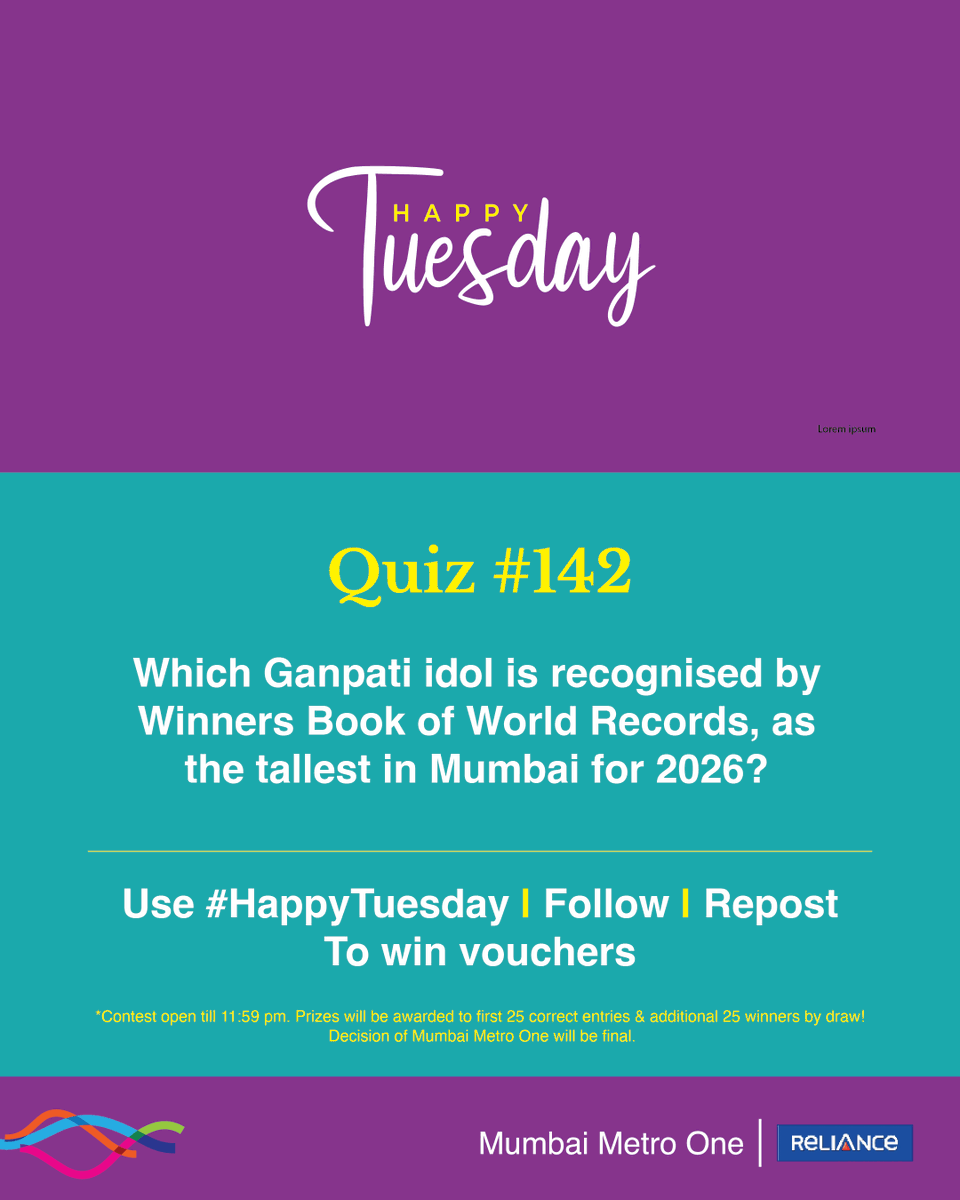 MumbaiMetro01's tweet photo. #HappyTuesday quiz is here! 

The 142nd edition is about a 45 feet tall Ganpati idol carved on-site by well-known moortikaar Krunal Patil.

Prizes will be awarded to 50 winners, the first 25 correct entries, and an additional 25 winners by draw.

Follow, Repost and Use #HappyTuesday (all mandatory) to win. 

#ContestAlert #Giveaways #Voucher #MumbaiMetro