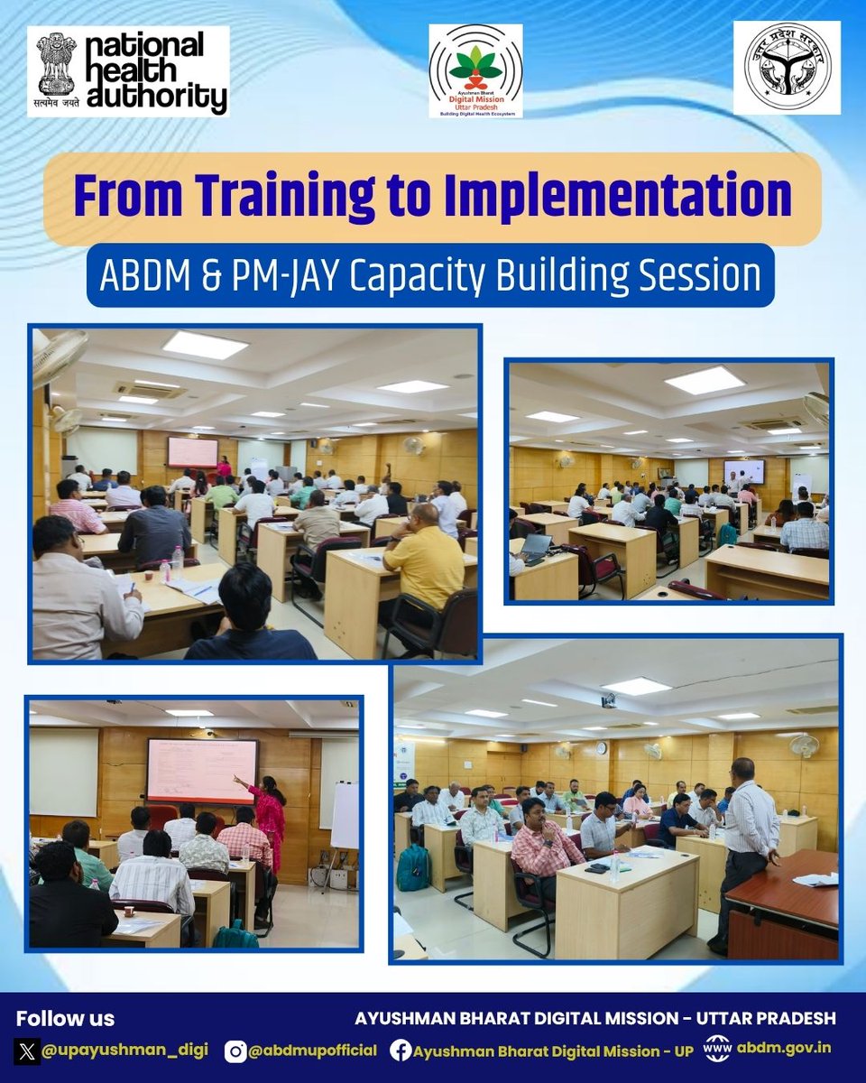 abdmupofficial's tweet photo. Training on ABDM, PM-JAY & Digital Health for district teams from Banda, Barabanki, Bareilly, Basti, Bijnor, Budaun, Bulandshahr, Chandauli, Chitrakoot, Deoria, Amroha, Etawah & Baghpat at SIHFW, Lucknow.@AyushmanNHA @MoHFW_INDIA @UPGovt @InfoDeptUP @CMOfficeUP @brajeshpathakup @rituias2003