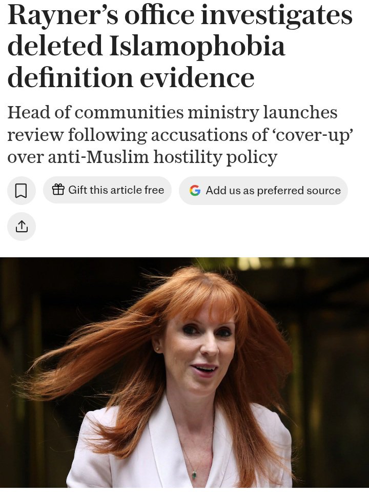 RachelD1892's tweet photo. "It is clear there has been a cover-up in Angela Rayner’s Communities Department", says the Free Speech Union.
Consultation input into the govt's 'anti Muslim' hate laws have been deleted, and Rayner is responsible.
She must be accountable for this 'chilling' abuse of democracy. https://t.co/MA0y2vHjJ2