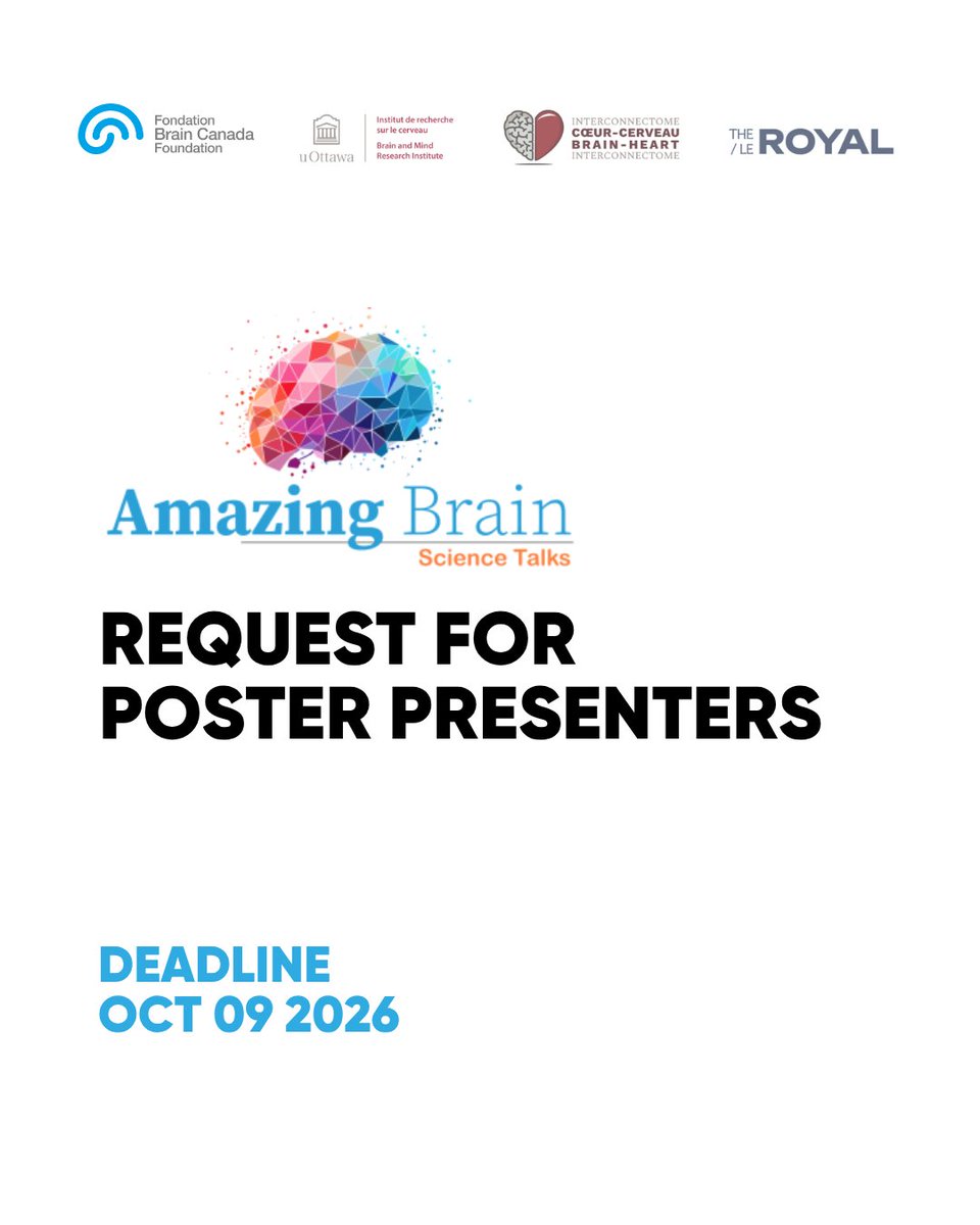 BrainCanada's tweet photo. Ottawa-area trainees: applications are open for the Amazing Brain Science Talks poster presentations (Nov 14, 2026). 

Eligibility: your lab is currently/previously @BrainCanada -funded, and/or is affiliated with @BHI_ICC , the uOttawa Brain & Mind Research Institute, or @TheRoyalMHC.

Deadline: Oct 9, 11:59pm.
Apply: https://t.co/scz6Tg46ps