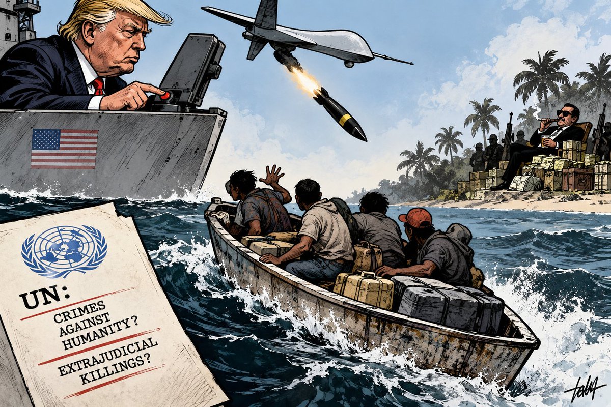 EndOligarchy_US's tweet photo. United Nations reports have concluded that US strikes on vessels in the Caribbean amount to serial extrajudicial killings and could constitute crimes against humanity.

A lot of the smugglers are poor fishermen recruited for the riskiest jobs. This isn't justice. It’s murder. https://t.co/oB1v5KJrin