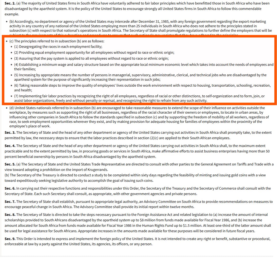 InfilExfil's tweet photo. These weren't the actions of @POTUS and @SecRubio 
They were the actions of the Executive Order Reagan signed. When the USA helped end Apartheid and brought the ANC into power.

From the USA's Office of the Federal Register, National Archives: The provisions of Executive Order 12532 of Sept. 9, 1985

Now, 30-odd years later, when the USA is again requesting the end of racial legislation that the ANC snuck in while pretending to be a poster boy for humanity, we're asked to believe that the USA is an enemy?

Same old same old.
