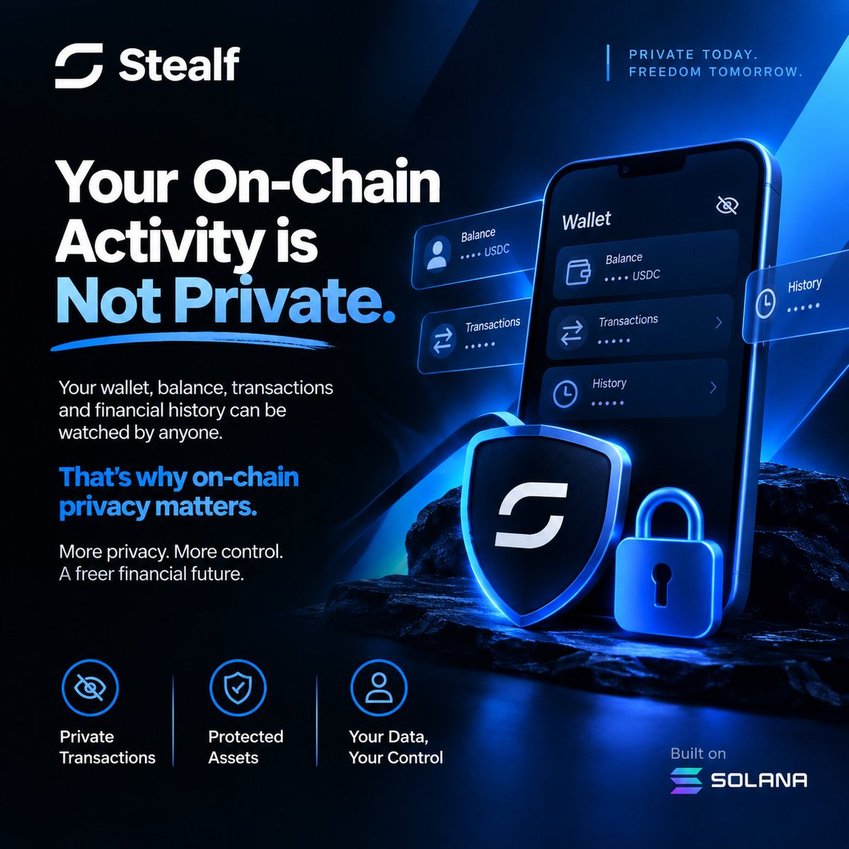 Iniblissx's tweet photo. Your wallet is public🥺🙄.
 Every balance💰,
transaction♻️, 
token transfer📈, 
and interaction with a smart contract can be traced on-chain. While transparency is one of blockchain’s greatest strengths, it also means your financial activity can be monitored, analyzed, and linked to your identity.

Privacy isn’t about hiding wrongdoing. It’s about having control over who can access your financial information, how that information is used, and whether your entire financial history becomes permanently searchable. 🔐

That’s why on-chain privacy matters—and why @STEALFxyz , powered by @Arcium , is working toward a more private financial future on Solana.

Arcium’s technology is designed to support confidential computation, allowing data to be processed while keeping sensitive information protected. For applications like Stealf, this could help create a stronger privacy layer for on-chain activity without giving up the speed, composability, and accessibility that make Solana powerful.

The broader vision is important: privacy-preserving infrastructure can make DeFi, payments, trading, and digital ownership safer for everyday users, businesses, and institutions. Instead of exposing every transaction to the entire world, users should have more choice over what they reveal and to whom.

Public blockchains gave us verifiability. Privacy-focused protocols can help give users back financial autonomy.

The future of crypto shouldn’t require choosing between transparency and privacy. With projects like @STEALFxyz and infrastructure from @Arcium , Solana is moving closer to making confidential, user-controlled finance a practical reality.

#Stealf #Arcium #Privacy #Solana #DeFi #Web3