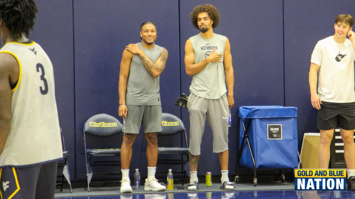 GoldAndBlueNtn's tweet photo. Deuce McBride, Gabe Osabuohien and Emmitt Matthew Jr. are back in town today to watch the Mountaineers' first fall practice https://t.co/rlHhytfBe6