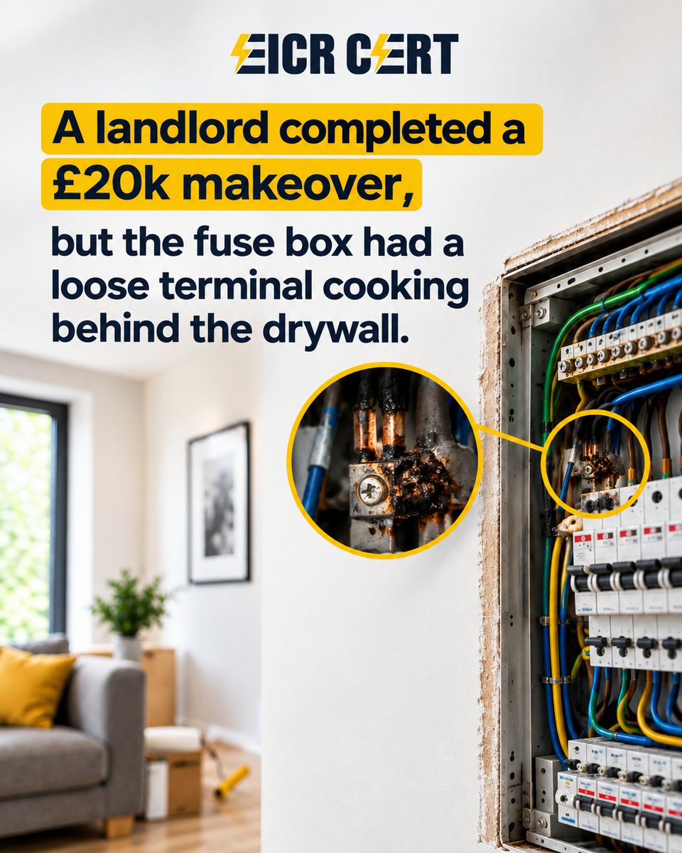 eicr_cert's tweet photo. A new renovation doesn't guarantee safe electrics! Hidden wiring faults and overheating fuse boxes can put tenants at risk. Get your EICR inspection with EICR CERT.

📞 +44 1480 776288 
🌐 https://t.co/Vs4IH94c0w

#EICR #ElectricalSafety #LandlordCompliance #EICRCERT https://t.co/aEk7lDpHO2