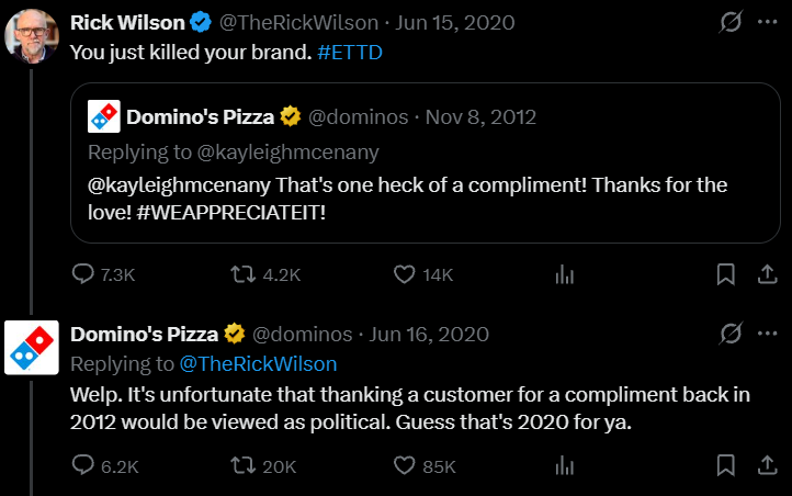 BlackDumpling's tweet photo. Just how insane is the Left? They're this insane.

The Left went back eight years into Domino's Pizza's twitter history, during a pandemic, to find justification for cancelling them. 

But what grave sin did they commit? What did Domino's do to ensure the death of their brand?

Well, they thanked a customer for a compliment... a customer who went on to get a job for the Trump admin *six years later*.

Now, friend, if they wouldn't forgive Domino's Pizza for this, what makes you think they're going to forgive you?

"I didn't do anything wrong!"

Oh, yes. Yes you absolutely did.

These people never went away. They've just been waiting.