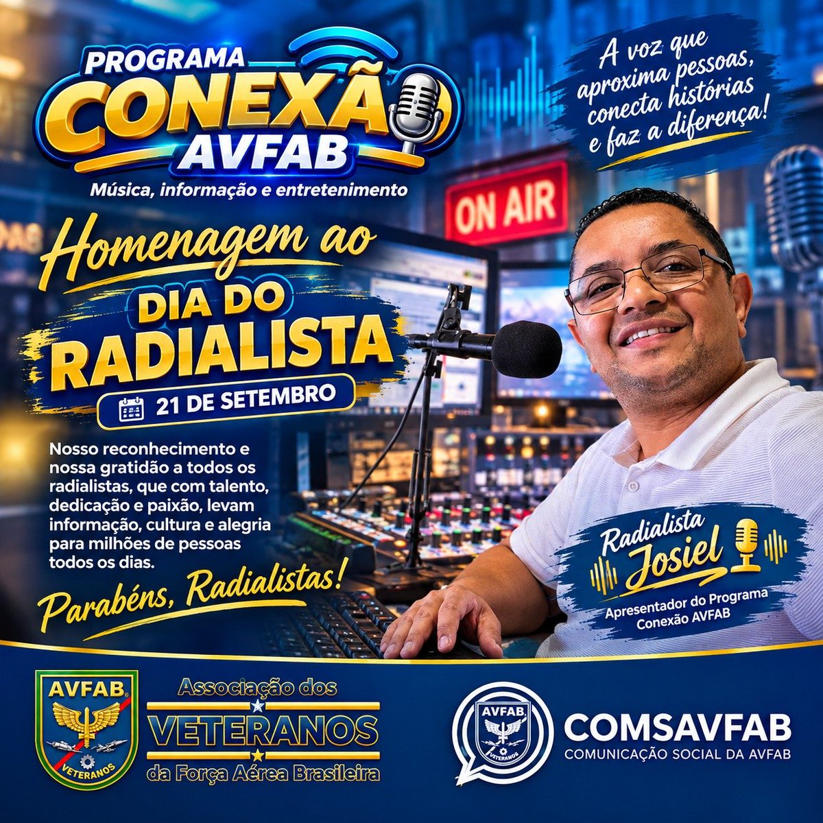 josielmorais's tweet photo. Nosso reconhecimento, nossa gratidão a todos os radialistas, que com talento, dedicação e paixão, levam informação, cultura e alegria para milhares de pessoas todos os dias.
Parabéns Radialista.
#avfab #fab #diadoradialista #21desetembro #veteranos https://t.co/RykOuVxtn1
