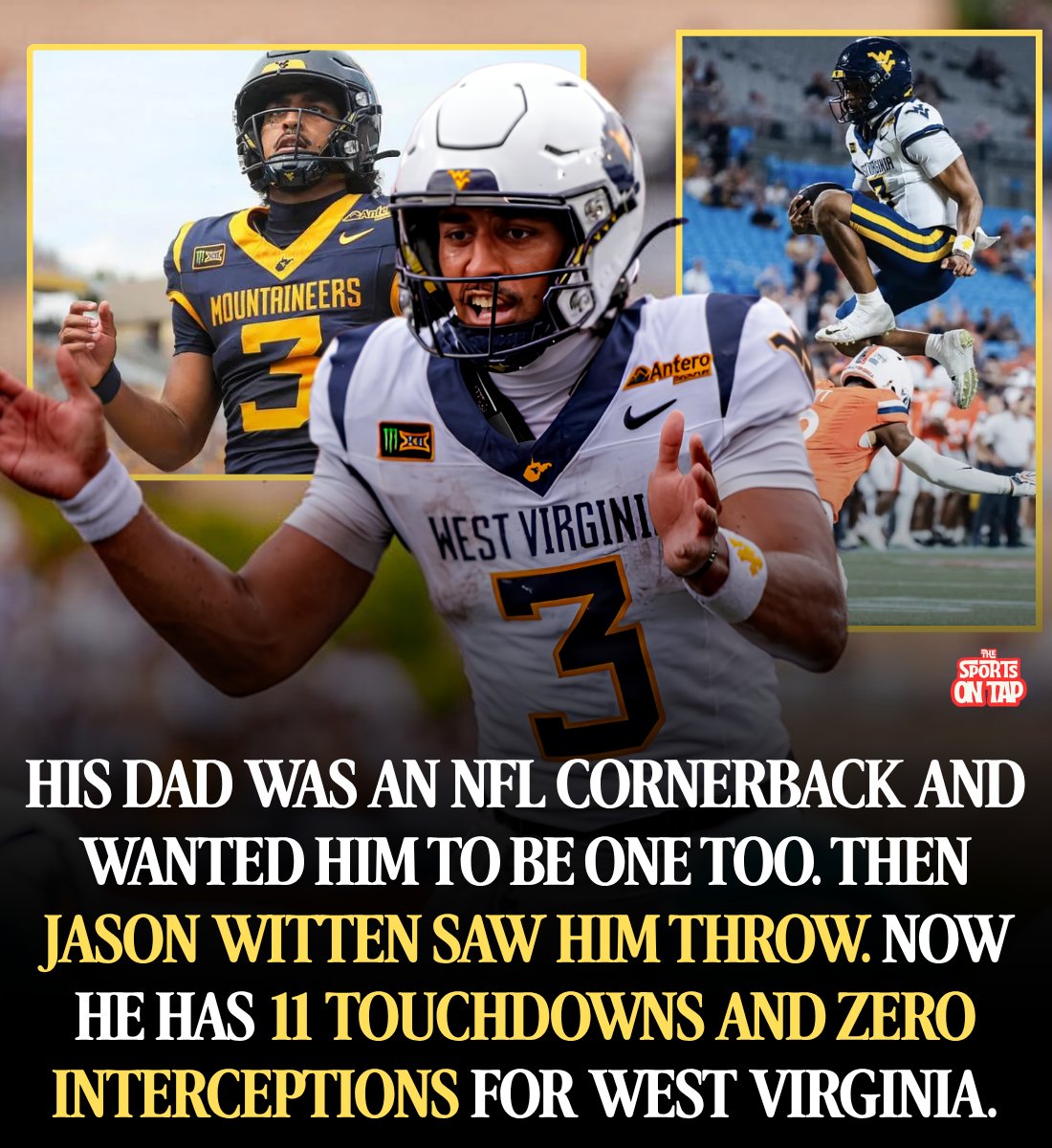 thesportsontap's tweet photo. Michael Hawkins Jr.'s dad was an NFL cornerback. He planned on raising one.

Then Jason Witten watched the kid throw.

Now, three games into his West Virginia career, Hawkins has 11 touchdowns and ZERO interceptions.

5 passing. 6 rushing.

On Saturday he threw for 2 and ran for 3 as West Virginia beat No. 25 Virginia 38-27. No Mountaineers quarterback had done that since Pat White in 2008.

10 of 17. 190 yards. 2 touchdowns.

18 carries. 123 yards. 3 touchdowns.

West Virginia is 3-0.

Now rewind.

His dad, Mike Hawkins Sr., played cornerback at Oklahoma in 2002. Then Arena Football with the Dallas Desperados. Then a fifth round pick by the Green Bay Packers. He bounced around the NFL, including a stop in Dallas.

His younger son grew up to be a cornerback. That was the plan for Michael too.

Then one of his dad's teammates saw Michael throw a football.

"Man, he got a pretty good arm!"

That was Jason Witten talking.

So he became a quarterback. At Allen High School in Texas, the same program where Kyler Murray went 43-0, he trained under Kyler's dad. His senior year at Emerson High he threw 41 touchdown passes and ran for 10 more.

When Oklahoma offered him at a camp, his dad filmed it.

"And man, it broke me down."

As a true freshman in 2024, he came off the bench against Tennessee, then started against Auburn and led a comeback win. Then he became the first true freshman quarterback in Oklahoma history to start against Texas.

Then he went back to the bench.

In 2025 he backed up John Mateer. When Mateer needed hand surgery, Hawkins stepped in against Kent State and scored four touchdowns.

Then he went back to the bench again.

On New Year's Eve he entered the transfer portal. Five days later he left the school his dad played for and committed to West Virginia.

On paper it made no sense. West Virginia had just gone 4-8 in Rich Rodriguez's first season back. More than 50 players entered the portal. Nearly three quarters of the roster was gone.

His dad explained the pitch.

"They matched the offense from when Mike was a sophomore at Allen to his last game at OU. They showed us plays of the plan."

"There was a sense of not just wanting you but needing you."

"We didn't ask for any guarantees. We just wanted a true opportunity."

If anybody knows what to do with a quarterback who can run, it is Rich Rodriguez.

His quarterback the first time around in Morgantown was Pat White.

Rodriguez after Saturday's win:

"Mike was electric."

Virginia coach Tony Elliott:

"He knew exactly what was going on."

The AP poll came out Sunday. West Virginia got 93 votes. Still not ranked. The Mountaineers have not been in the Top 25 since 2018.

Yes, it is three games. The Big 12 grind has not even started. Oklahoma State is next.

Hawkins does not sound worried about the voters.

"We know what we have in our building. A lot of people don't. So we've got to continue to believe in the talent and keep that chip on our shoulder."

A cornerback's kid. A quarterback because Jason Witten said so.