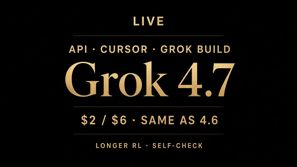 dnzxlyfe's tweet photo. Grok 4.7 is live on the xAI API as grok-4.7. Frontier model for coding, agentic work, and knowledge — 500k context, text+image in / text out. Pricing $2 / $0.50 / $6 per 1M below 200k prompt (doubles above). Reasoning effort low→xhigh (default high). Docs say use 4.7 for code and chat.
https://t.co/xzPE7aT1w8