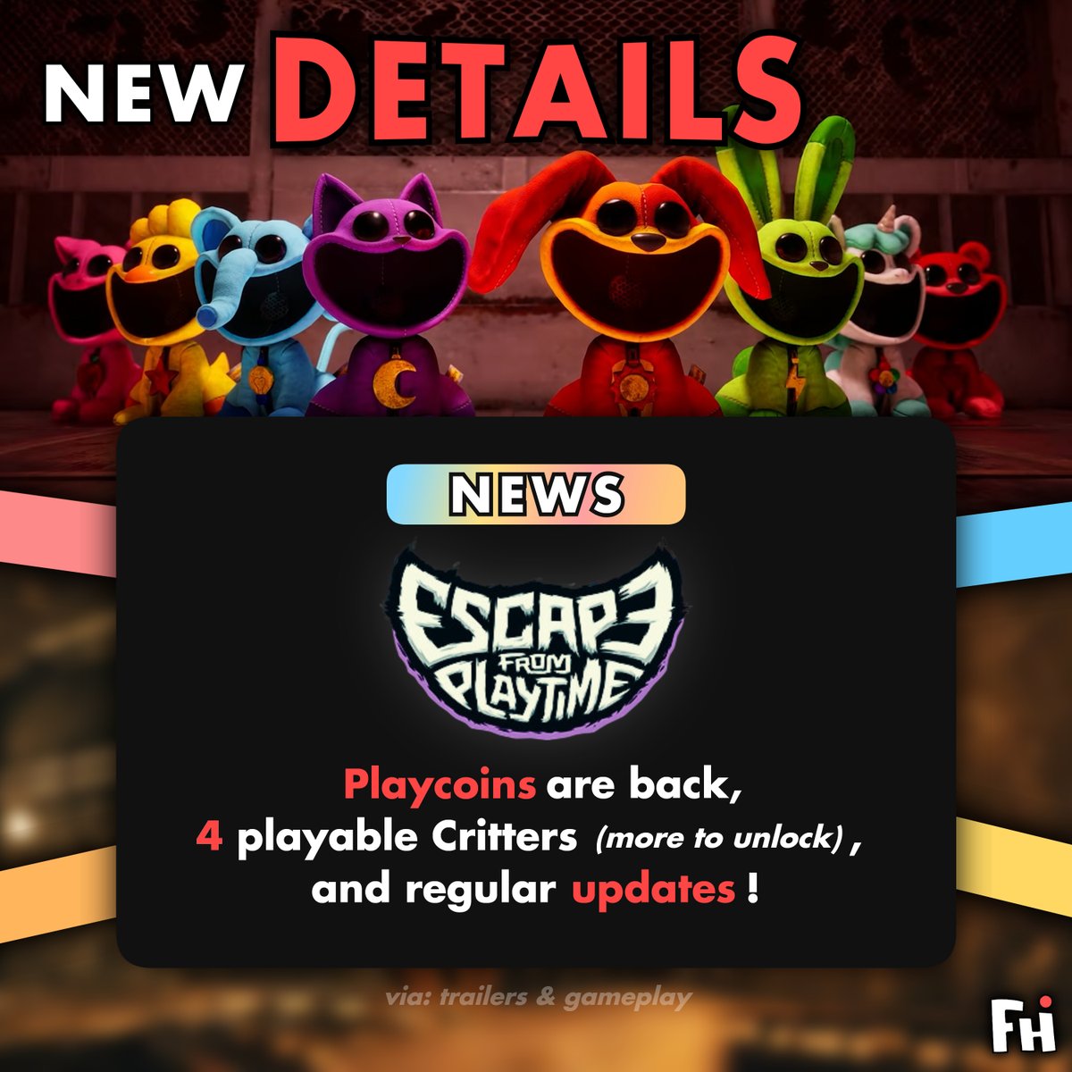 Fantime_Horror's tweet photo. ‼️ New details about Escape from Playtime!

- Playcoin are back
- 4 playable Critter (more to unlock)
- Regular updates planned
- More levels &amp; monsters coming in the future https://t.co/5CZbDsY4U4