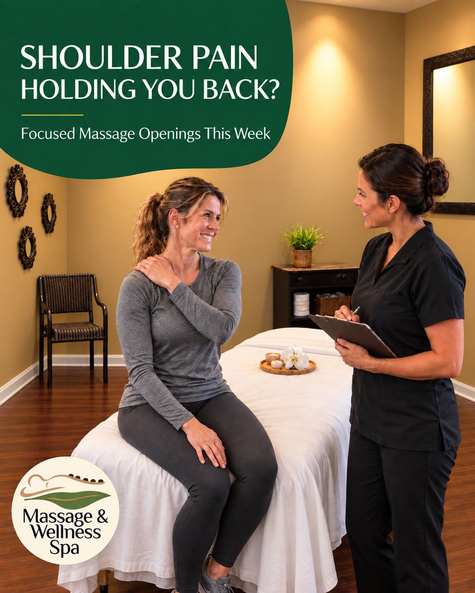 Largo_Wellness's tweet photo. Is shoulder pain making workouts, work, or everyday activities more difficult?

Your massage can be customized with focused work and deep-tissue techniques based on your needs and goals.

Limited openings this week in Downtown Largo: https://t.co/R1pbko1EuD 

#LargoFL https://t.co/yajGCodEEJ