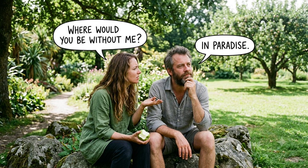 jacekviews's tweet photo. Eve: "Where would you be without me?"
Adam: "In Paradise."
Technically true, isn't it? 🤷♂️🍎
#humor #jokes #marriagehumor #adamandeve #funnymemes #relationshipgoals https://t.co/Jbwuxogn9s