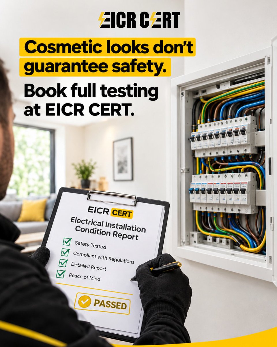 eicr_cert's tweet photo. A new renovation doesn't guarantee safe electrics! Hidden wiring faults and overheating fuse boxes can put tenants at risk. Get your EICR inspection with EICR CERT.

📞 +44 1480 776288 
🌐 https://t.co/Vs4IH94c0w

#EICR #ElectricalSafety #LandlordCompliance #EICRCERT https://t.co/aEk7lDpHO2