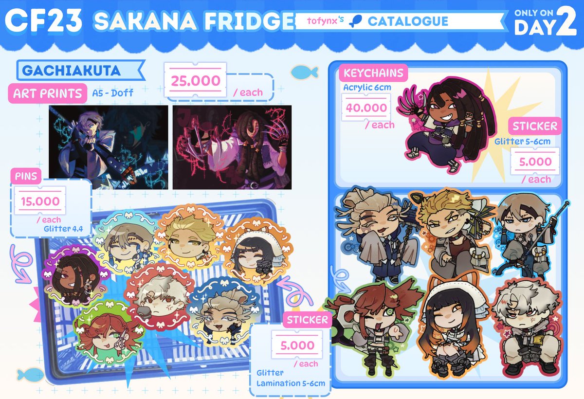 tofynx's tweet photo. #Comifuro23 #CF23 PO is open! 𓆝.°•

⏰ 21 – 28 Sept
📍 Pick-up &amp; Mail Order at Sakana Fridge booth (Day 2, No. G-33b)

📷 GACHIAKUTA

Order here ➡️ [https://t.co/BmonOkioke]
More merch will be available OTS! See you at CF! 𓆝.°• https://t.co/ZaVxeDp6GK