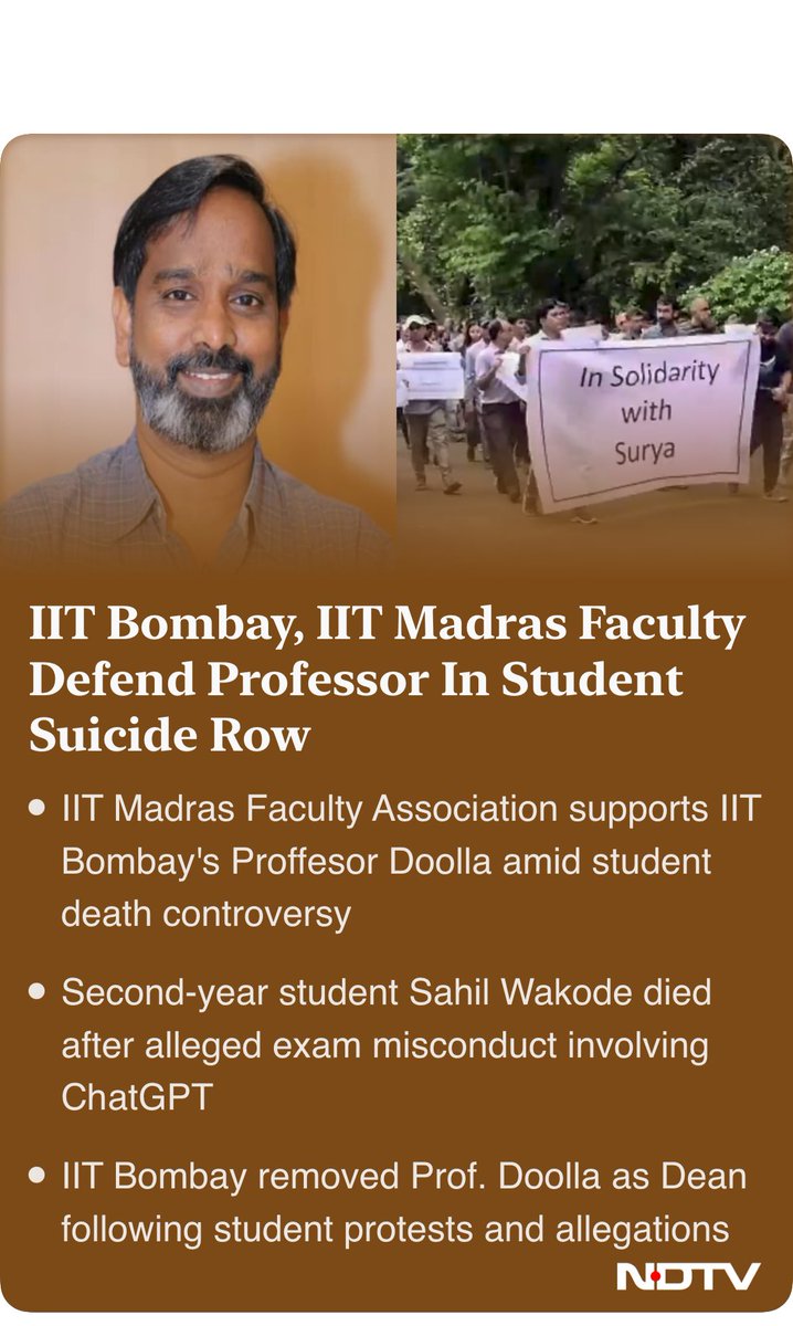 dsureshd's tweet photo. The best way to overcome this type of issues is to conduct exams separately for General and SC/ST category. The serious competition is always for the General category and you need proper invigilation for them. For SC/ST category a separately conducted exams may not need invigilators at all. 
#IITBombaySuicide 
@JoshiPralhad @PralhadJoshiOfc 
IIT Bombay, IIT Madras Faculty Defend Professor In Student Suicide Row

https://t.co/PoCZ6fsujM