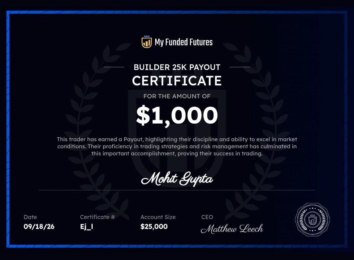 Mohit_fx07's tweet photo. payout hit different 😮‍💨💸

$25K account → $1,000 payout, received within seconds ⚡️💰

Big thanks to @MyFundedFutures &amp; @mattleech for making the process smooth 🤝

Consistency pays. On to the next one. 🚀 https://t.co/zM6t4aG5F4