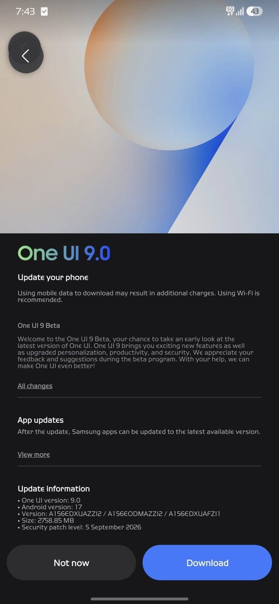 KotaTech7's tweet photo. The first One UI 9 beta for the Galaxy A15 has been officially released in India.

Version: A156EDXUAZZI2 / A156EODMAZZI2 / A156EDXUAFZI1
Size: 2758.85 MB
Security patch level: September 5, 2026. https://t.co/pD5c9eOn7r
