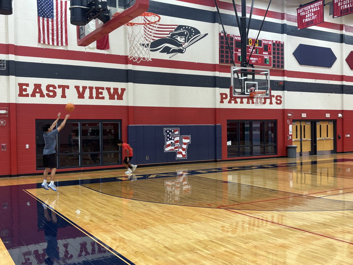 EV_Hoops's tweet photo. Our guys are motivated for ‘26-27.  Love seeing guys at all levels showing up to improve on an off day.  #PROCESS #Culture 

Let’s Go Pats! https://t.co/5b4wTn3JJd