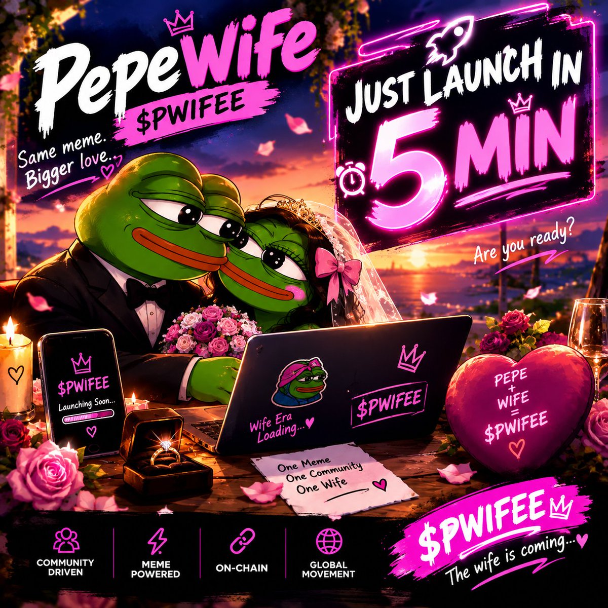 PepeWifee's tweet photo. ⏰ 5 MINUTES.

The rings are ready. 💍
The bride is ready. 👰🐸
The groom is ready. 🤵🐸
PEPEWIFE $PWIFEE is about to launch. 🚀🎀
🔥 5 MIN → LAUNCH
🐸 PEPE + WIFE
💗 ONE MEME. ONE COMMUNITY.

ARE YOU READY? 👇

#PepeWife #PWIFEE #Pepe #MemeCoin #Memecoin #CryptoMeme https://t.co/qfRaTxYG1V