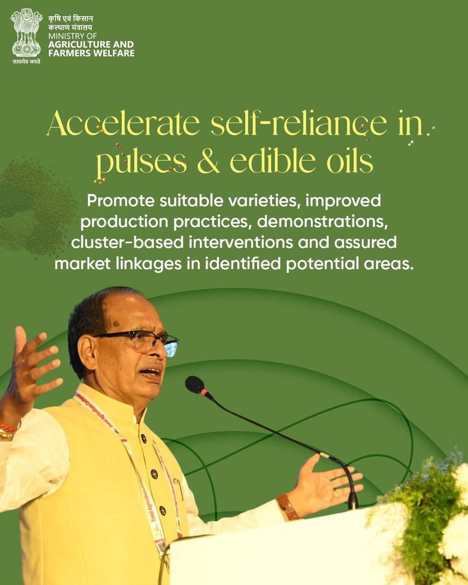 AgriGoI's tweet photo. A roadmap for  strengthening agricultural sector 

Every initiative in terms of climate-resilient practices, region-specific planning, digital advisories and schematic interventions is focused to achieve self-reliance in pulses & edible oils to empower farmers and strengthen India's agriculture sector.

#pmkisan #AgriGoI #agriculture #Farmers