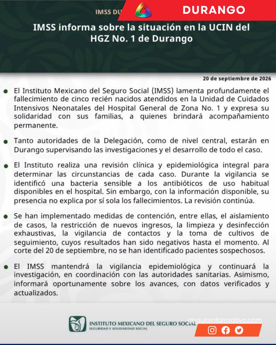 AnguloInfoNa's tweet photo. 🚨 ¡CINCO BEBÉS MUEREN EN EL IMSS Y #DURANGO EXIGE RESPUESTAS!

El caso sacude e indigna a los duranguenses. El #IMSS detectó una bacteria en el área neonatal, pero aún no explica la causa de los fallecimientos.🕊️🏥 https://t.co/C0SC7qCQ99