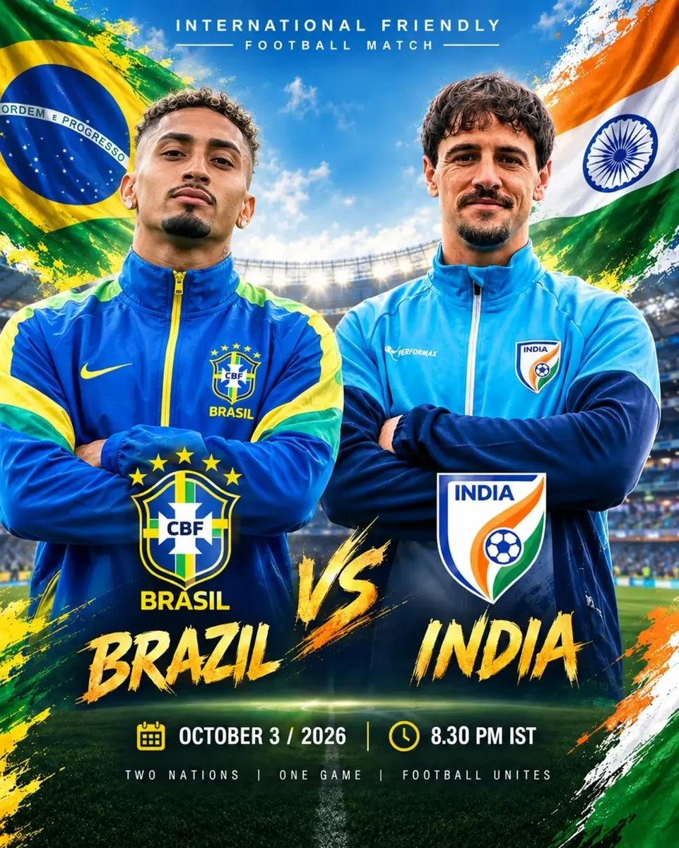 ScorelineIndia's tweet photo. 🔥⚽ Salt Lake Stadium, Kolkata — History in the making!

🇮🇳 India vs Brazil 🇧🇷
📅 3 October
🏟️ First‑ever clash on Indian soil!

A magical night awaits as the Seleção Brasileira steps onto Kolkata turf for the very first time. ❤️✨

#IndiaVsBrazil #IndianFootball  #Kolkata https://t.co/Elbt0Q8VZk