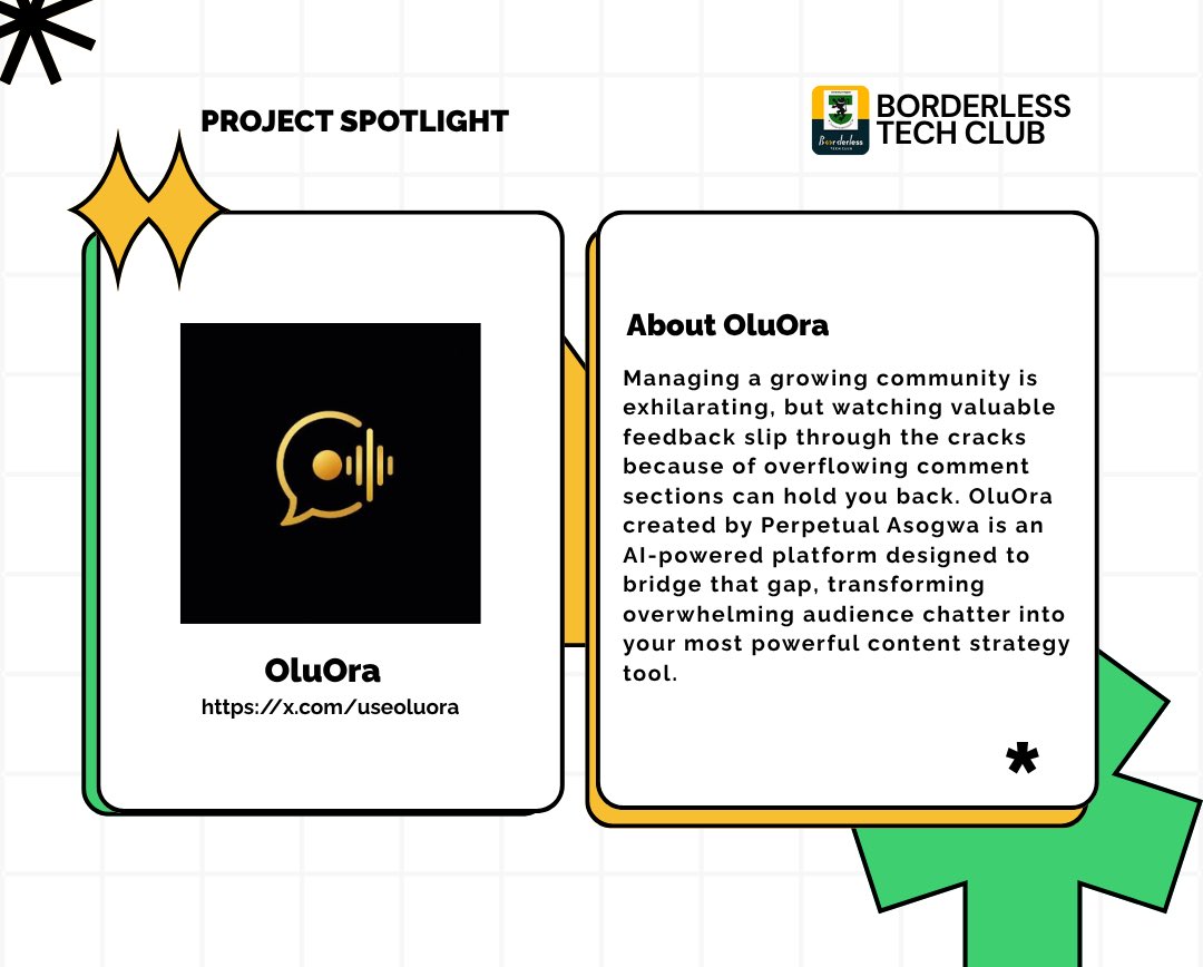Borderlessunn's tweet photo. Product Highlight 🚀

Meet @perpetualuchec5 , a software engineer building @useoluora.

 A tool that turns bulky comments into clear content direction for online educators, marketers, product reviewers, and creators. https://t.co/oYmvGPJClz