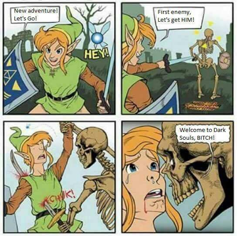 Bonsai_Head's tweet photo. This old comic was always so funny to me cause you put Link with any 3D zelda mechanics in dark souls and he'd legit break the game in half lol https://t.co/oe3o34L1Ms