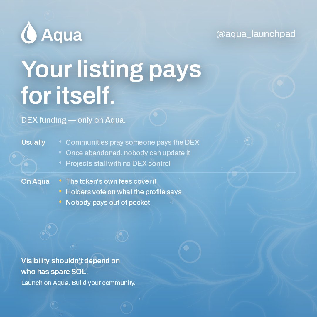 Aqua_Launchpad's tweet photo. 🌊 Feature Spotlight: DEX Funding

One of Aqua’s unique features designed to remove a common headache for token communities:

Your token’s fees can fund its DEXScreener updates -while holders control the information through community voting.

The usual problem:

• A token launches and someone has to personally pay for the DEXScreener update
• If nobody steps up, the profile can remain incomplete or outdated
• If the original team disappears, a CTO may need to raise funds and pay again just to update the project information
• These small but expensive hurdles can create unnecessary friction for already struggling communities and ruin a coin completely

Aqua approaches this differently.

Tokens can enable DEX Funding, allowing generated token fees to cover the cost of DEXScreener updates. If not enabled from the get-go, Holders can even vote to enable later on. 

Then, through Aqua’s DAO functionality, holders vote on the information that should appear on the profile.

And if the original team abandons the project?

The community can continue managing the DEX information through holder voting - without relying on the previous team or asking one community member to cover the cost out of pocket.

The token funds it.
The holders decide.
The community stays in control.

DEX Funding is just one of the features we’ve built to make Aqua more than a token launcher - we want to solve the real problems creators, traders, and communities encounter after launch.

What’s another problem you regularly face when trading or building memecoins?

Tell us below. We might build the solution. 🌊