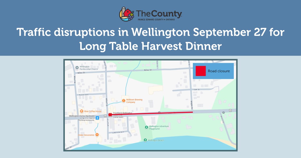 Shire_Hall's tweet photo. Road closures and restrictions will be in place in Wellington on Sunday, September 27 for the Long Table Harvest Dinner.

Wellington Main Street will be closed between Maple Street and Wharf Street from 1 pm – 9:30 pm.

Learn more: https://t.co/uuZO1ZXNAr https://t.co/b9kPPfmtgu