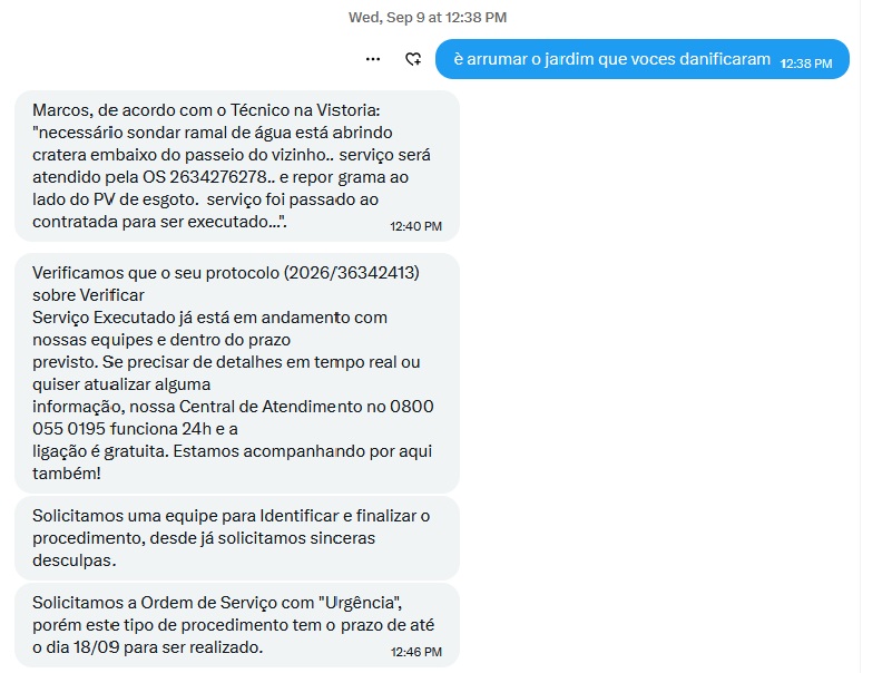 mrp5150's tweet photo. ola @sabesp vamos colocar os prints de nossas conversas aqui. E o mais interessante, é que nao foi feito serviço nenhum.  E agora @sabesp qual a desculpa????? https://t.co/CgnSogwv20