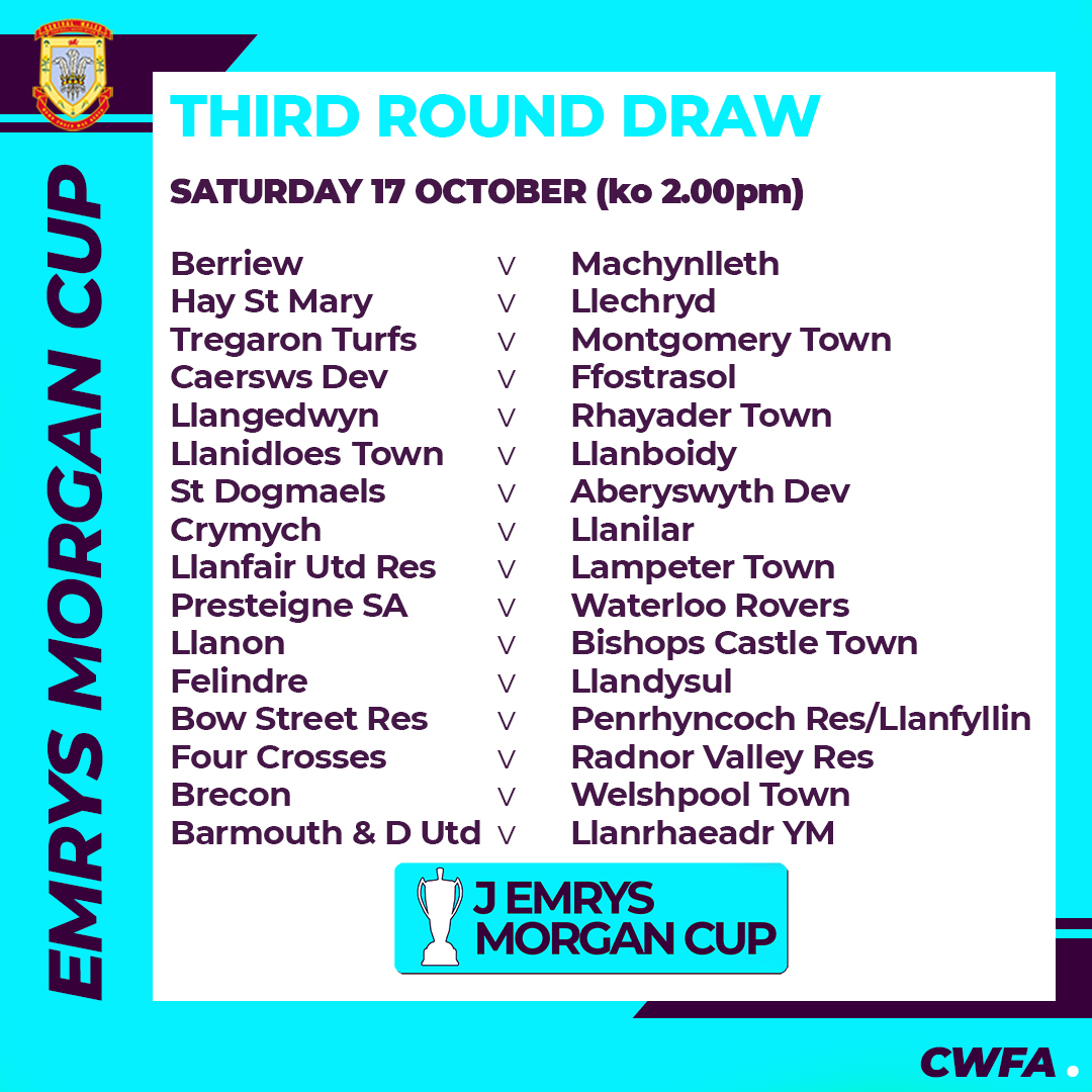 CentralWalesFA's tweet photo. The draw for the third round of the #EmrysMorganCup has been made, as its as follows... Games due to be played 17th October #CWFA https://t.co/dJk83v3PSi
