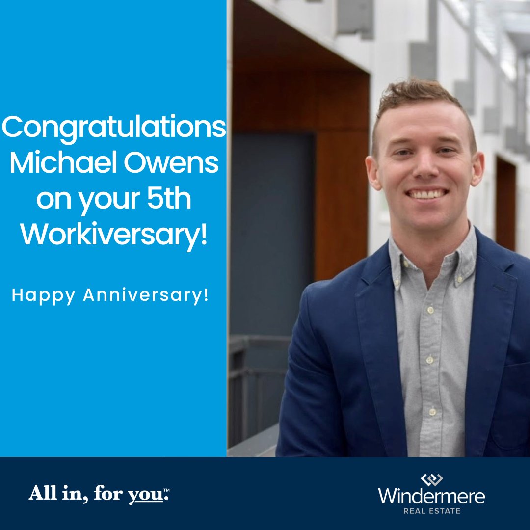 WindermereSouth's tweet photo. Happy 5th workiversary Michael Owens!  Your dedication inspires us all. Here's to many more years of success! 🎊🎉🥂🍾
#AllInForYou #windermerewestmetro #workiversary #PacificNorthwestRealtor #windermererealestate https://t.co/5ew8QFN83r