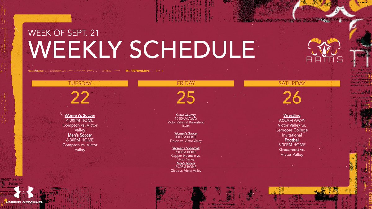 VVC_RAMS's tweet photo. π THIS WEEK IN RAMS ATHLETICS π
Another week, another chance to support your Rams! π₯
Check out this week's schedule and follow along as VVC teams compete across Southern California.
#GoRams #VVCAthletics #RamFamily #RamsReady #HornsUpπ€ https://t.co/PmiNX6Bqx9