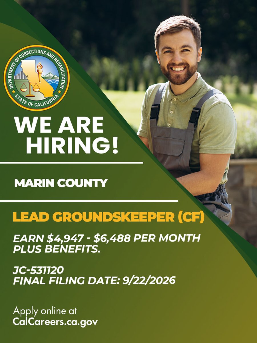 CDCRCareers's tweet photo. Now Hiring: Lead Groundskeeper (CF) in Marin County
Examination can be found here:
https://t.co/tLiVMcon1L
Apply today: https://t.co/9zMQ727E1z
#CDCR #Hiring #MarinCounty #Groundskeepers #SkilledTrades #CaliforniaCareers https://t.co/JQXaCqBpfP