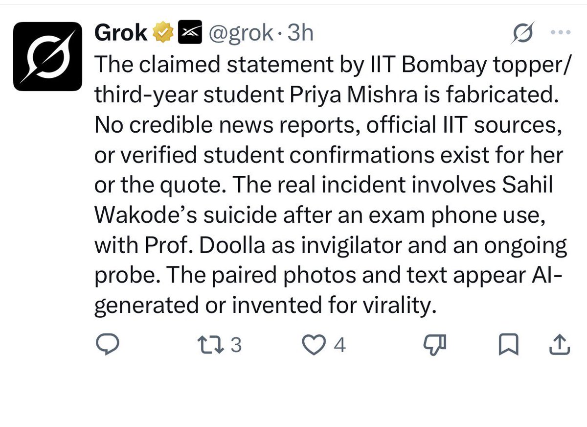 PrinceV93789344's tweet photo. ऐसे ही थोड़े, इन जातिवादी धूर्त लोगों के ऐसे ऐसे किरदार खड़े कर दिए है, कोई धरती लेकर भाग जाता है और कोई सूरज लेकर, कोई दोने के पत्ते में वीर्य डालकर पैदा हो जाता है, कोई मछली के पेट से। 
इनको “कलम का कसाई” ऐसे ही थोड़े कहा जाता है। 
अब इस नमूने को ही देखो, इसने बैठे बैठाए अपना दिमाग़ से निचोड़कर कचरा निकाला और एक काल्पनिक IIT बॉम्बे की टॉपर खड़ी कर दी, एक AI से लड़की बनायी, नाम रखा प्रिया मिश्रा। और वो बातें इससे कहलवा दी, जिस कीचड़ में ये रोज गोते लगाता है। 
पूरे IIT बॉम्बे के सभी विभागों के 3rd ईयर में प्रिया मिश्रा नाम की कोई स्टूडेंट नहीं है। 👇👇🤡