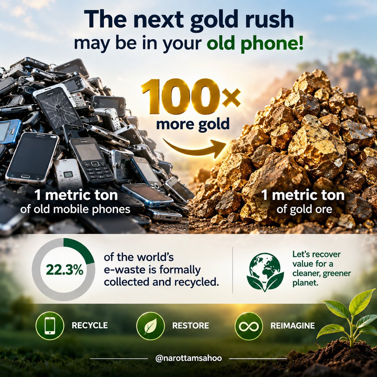 narottamsahoo's tweet photo. The next gold rush may be hiding in our drawers!

A metric ton of discarded mobile phones can contain up to 100× more #gold than a metric ton of #goldore - yet only 22.3% of global e-waste is formally collected and recycled.

What we call #waste may be a valuable urban mine.

Recycle. Recover. Reimagine.

@missionlife @SciInteresting @PopSci @AIMtoInnovate @mygovindia