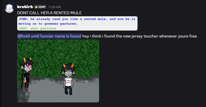 kreeperklown's tweet photo. occasionally ill grab my bff while im reading homestuck so we can do voiceacting and i think an awesome benefit of him having finished it is i dont know shit about cronus so hes started calling him the new jersey toucher. which results in shit like this lmfao https://t.co/hHNpZEu0tt