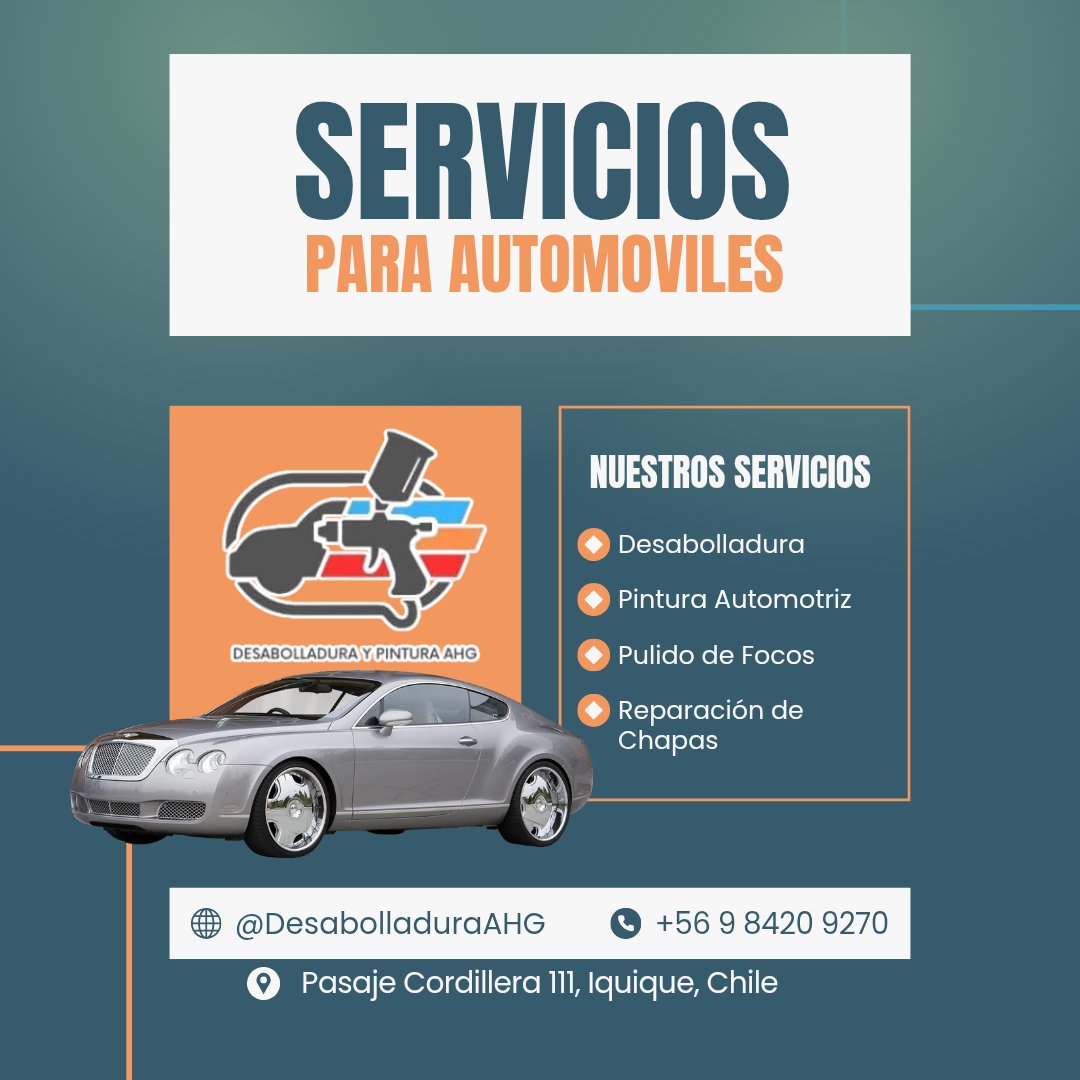 TallerAHG's tweet photo. 🤔 ¿Qué servicios ofrecemos?

🛠️ Desabolladura de Partes.
🎨 Pintura Automotriz Completa.
🧤 Pulido de Focos
🔧 Reparación de Chapas

📍 Pasaje Cordillera 111, Iquique, Chile.

📲 WhatsApp: +56 9 8420 9270.

👉 Ven a visitarnos o escríbenos.

#Desabollador 
#Iquique https://t.co/axJzNgCHb3
