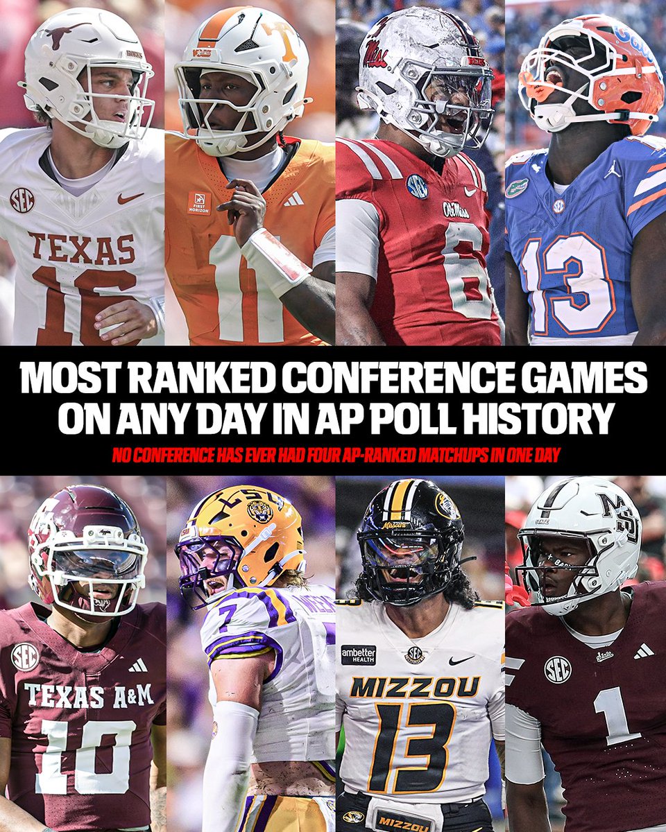 SECNetwork's tweet photo. WEEK 4 IS GONNA BE LEGENDARY 🍿

No. 1 Texas at No. 14 Tennessee
No. 4 Ole Miss at No. 21 Florida
No. 23 Texas A&amp;M at No. 10 LSU
No. 19 Missouri at No. 24 Mississippi State https://t.co/3E86AyokUf