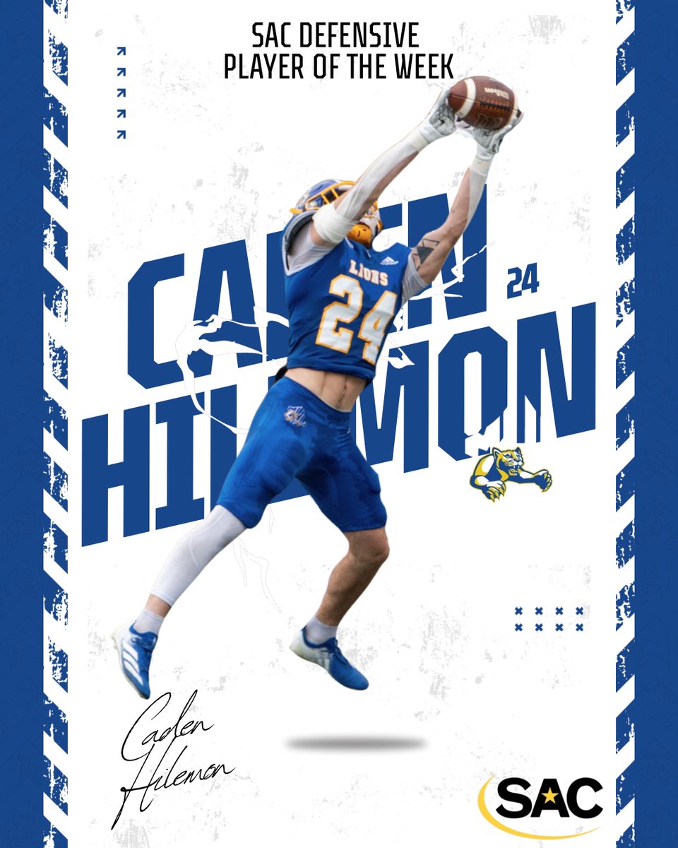mhulions's tweet photo. 🏈Caden Hilemon, @SAC_Athletics Defensive Player of the Week 🏈

Hilemon receives the Lions second DPOTW selection this season after his two interception night against Lenoir-Rhyne, including the game-winning INT.

#RollHill | #MHULions | @MarsHill_FB https://t.co/DCGChePQMz