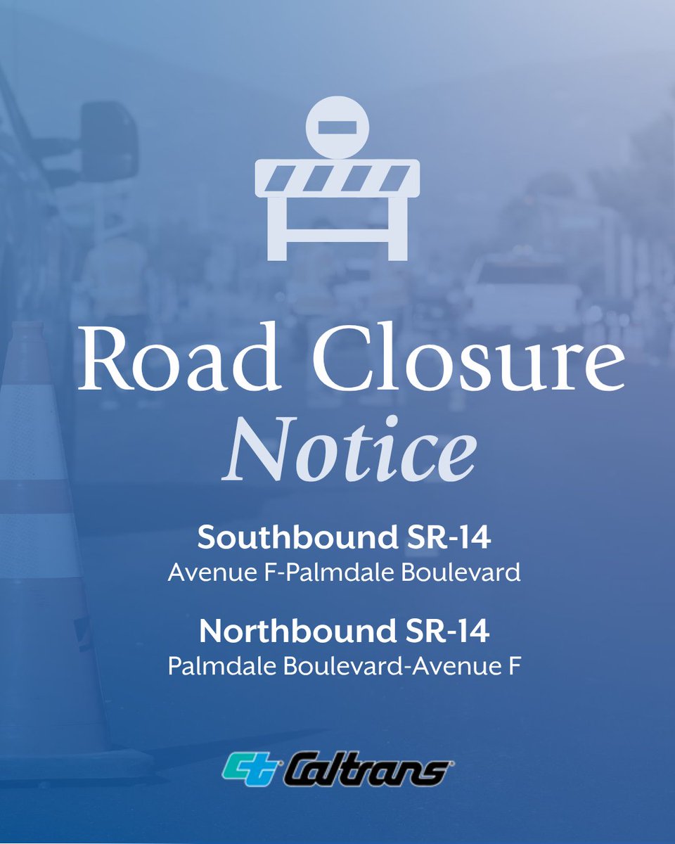 PalmdaleCity's tweet photo. 🚧 Caltrans Alert 🚧

Caltrans is continuing construction on SR-14. If you're driving at night this week, here is what you need to know:

📅 Monday, Sept. 21-Friday, Sept. 25
⏰ Nightly from 8 p.m.-6 a.m.

Full freeway closure:
🚧 Southbound SR-14: Avenue F to Palmdale Boulevard
🚧 Northbound SR-14: Palmdale Boulevard to Avenue F

Ramp closures:
🛣️ Rancho Vista Boulevard: Northbound and Southbound on-ramps from 9 p.m. to 6 a.m.
🛣️ Avenue P: Southbound on-ramp from 9 p.m. to 5 a.m.
🛣️ 10th Street West: Northbound and Southbound on- and off-ramps from 7 p.m. to 6 a.m.
🛣️ Avenue N: Northbound and Southbound on- and off-ramps from 7 p.m. to 6 a.m.
🛣️ Avenue M: Northbound and Southbound on- and off-ramps from 7 p.m. to 6 a.m.
🛣️ Avenue L: Northbound and Southbound on- and off-ramps from 7 p.m. to 6 a.m.

Lane Closures:
��� Northbound SR-14 Palmdale Boulevard to Avenue I
🚗 Southbound SR-14 Avenue I to Palmdale Boulevard

Residents and local businesses near the freeway might experience noise, vibrations and grinding from the construction activities. Detour signs will be posted; expect delays and please use alternate routes. 

➡️ Check real-time traffic at https://t.co/NwYgdr8OZ5  

Please note that this schedule is weather permitting and all dates and times are subject to change. Caltrans reminds drivers to “Be Work Zone Alert” and “Move Over!" Thank you for your patience.