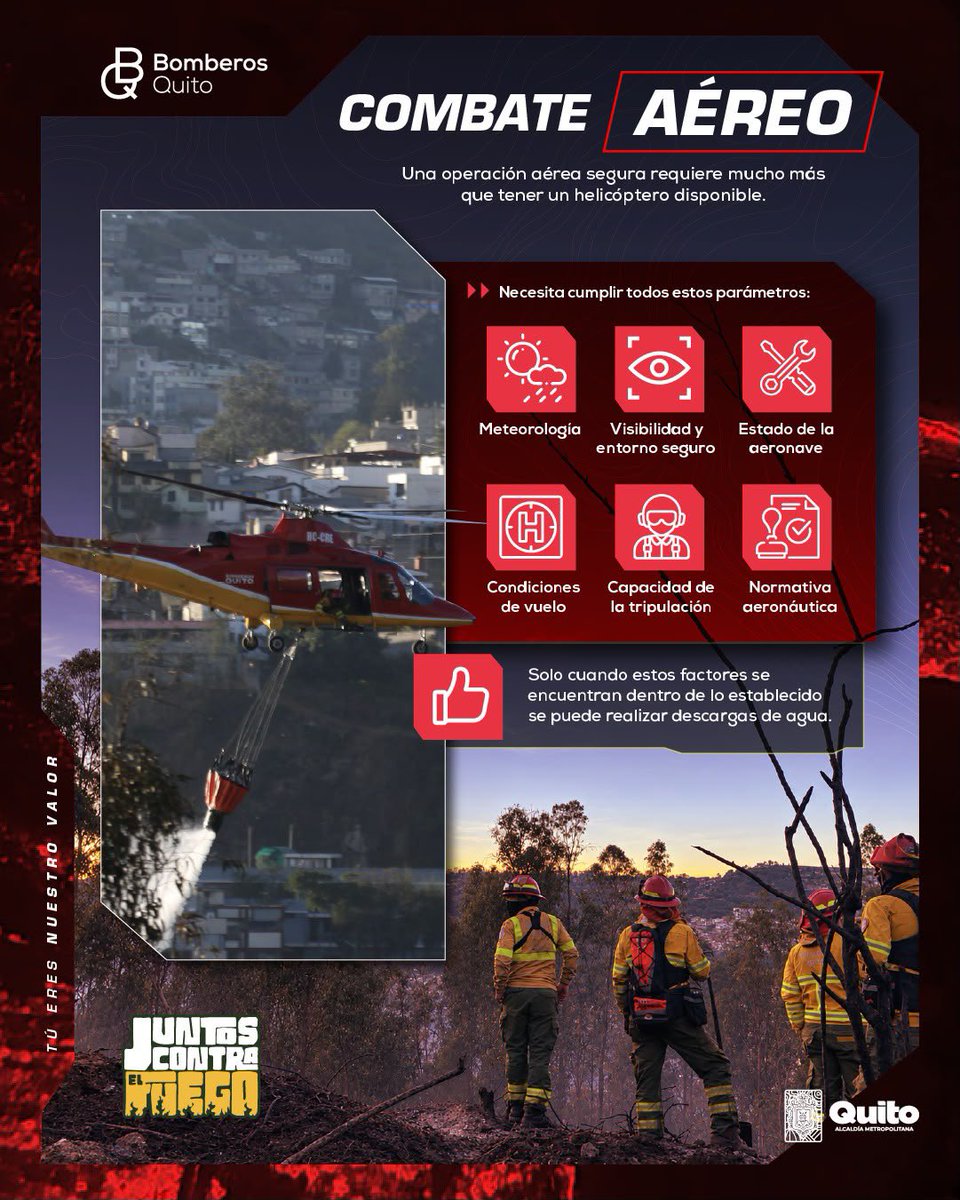 BomberosQuito's tweet photo. 🚁 #JuntosContraElFuego | Volar durante una emergencia exige mucho más que un helicóptero.

👨‍🚒 Las operaciones aéreas en un incendio forestal no se toman a la ligera. Cada vuelo requiere una evaluación rigurosa de las condiciones meteorológicas, el terreno y múltiples parámetros que determinan si es seguro operar.

☝️ Nuestro equipo enfrenta cada operación con valentía, preparación y responsabilidad, pero siempre con una prioridad: la seguridad de la tripulación, personal en tierra y de la ciudadanía.

❤️ Porque salvar vidas también significa tomar decisiones responsables. Cada vuelo tiene un propósito y la seguridad siempre es parte de nuestra misión.

#SalvamosVidas
#BomberosQuito