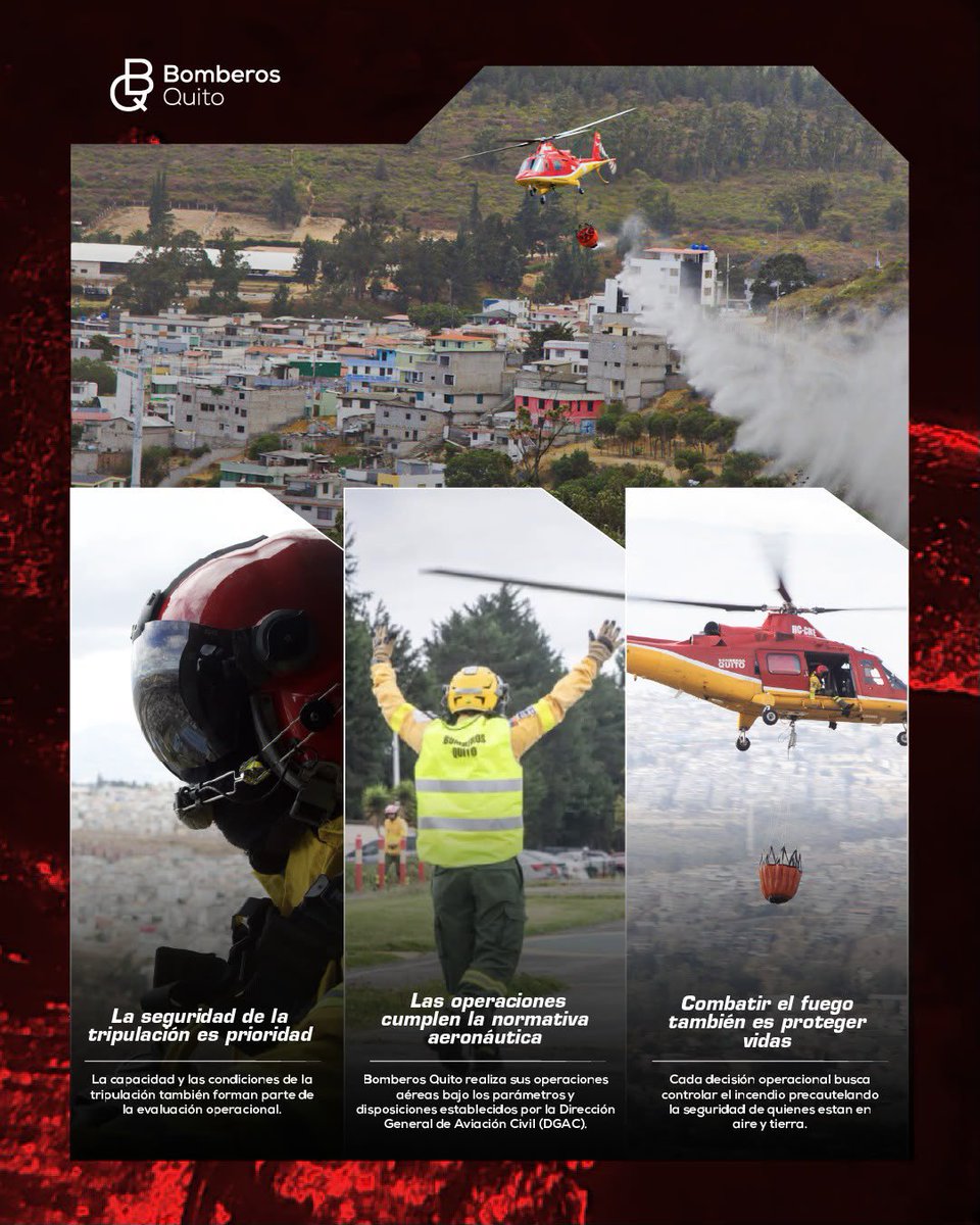 BomberosQuito's tweet photo. 🚁 #JuntosContraElFuego | Volar durante una emergencia exige mucho más que un helicóptero.

👨‍🚒 Las operaciones aéreas en un incendio forestal no se toman a la ligera. Cada vuelo requiere una evaluación rigurosa de las condiciones meteorológicas, el terreno y múltiples parámetros que determinan si es seguro operar.

☝️ Nuestro equipo enfrenta cada operación con valentía, preparación y responsabilidad, pero siempre con una prioridad: la seguridad de la tripulación, personal en tierra y de la ciudadanía.

❤️ Porque salvar vidas también significa tomar decisiones responsables. Cada vuelo tiene un propósito y la seguridad siempre es parte de nuestra misión.

#SalvamosVidas
#BomberosQuito