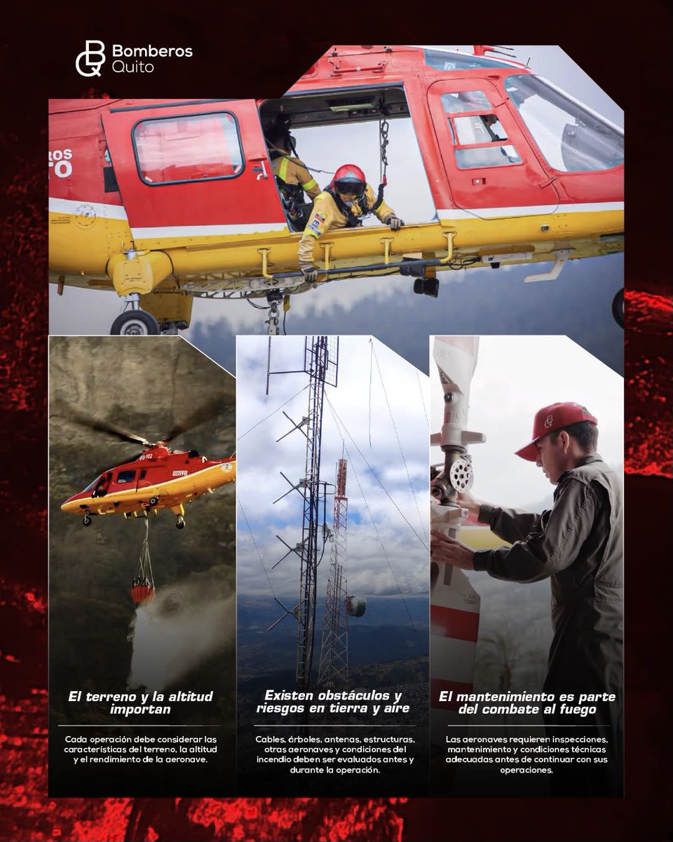 BomberosQuito's tweet photo. 🚁 #JuntosContraElFuego | Volar durante una emergencia exige mucho más que un helicóptero.

👨‍🚒 Las operaciones aéreas en un incendio forestal no se toman a la ligera. Cada vuelo requiere una evaluación rigurosa de las condiciones meteorológicas, el terreno y múltiples parámetros que determinan si es seguro operar.

☝️ Nuestro equipo enfrenta cada operación con valentía, preparación y responsabilidad, pero siempre con una prioridad: la seguridad de la tripulación, personal en tierra y de la ciudadanía.

❤️ Porque salvar vidas también significa tomar decisiones responsables. Cada vuelo tiene un propósito y la seguridad siempre es parte de nuestra misión.

#SalvamosVidas
#BomberosQuito