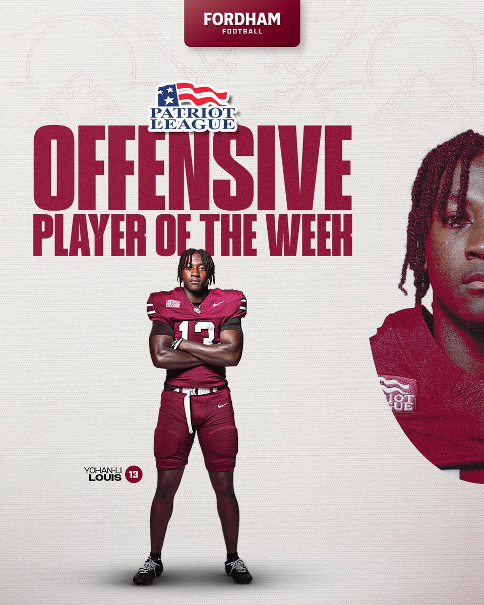 FORDHAMFOOTBALL's tweet photo. 🫳🎤

Yohan-Li Louis is your @patriotleague Offensive Player of the Week, with over 200 rushing yards this past weekend against William &amp; Mary! 

#RAMILY https://t.co/i6By9NuVUy